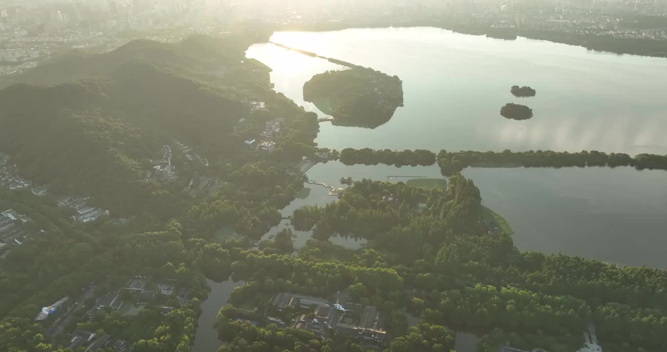 航拍杭州西湖日出风光视频素材