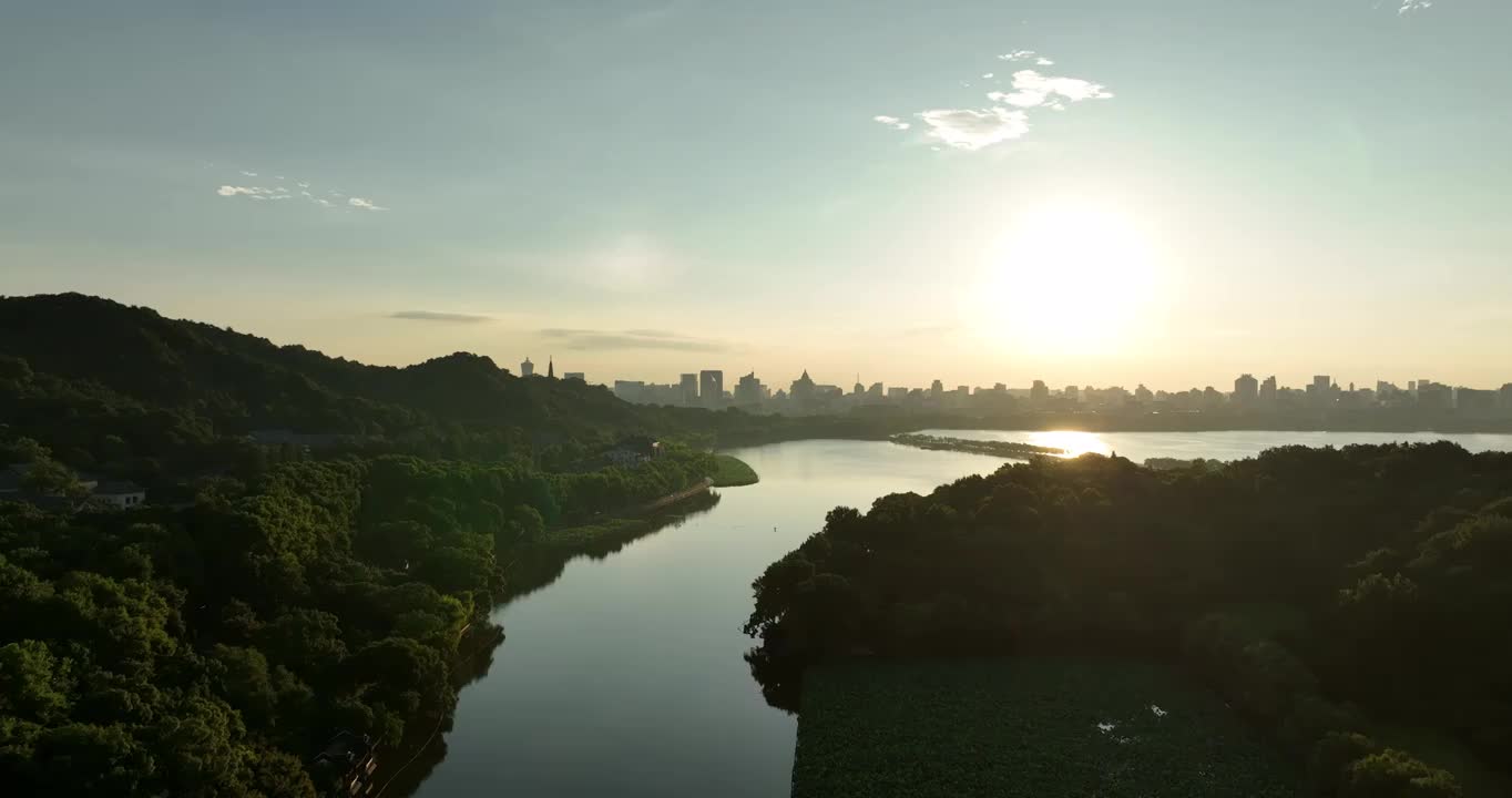 航拍杭州西湖日出风光视频素材