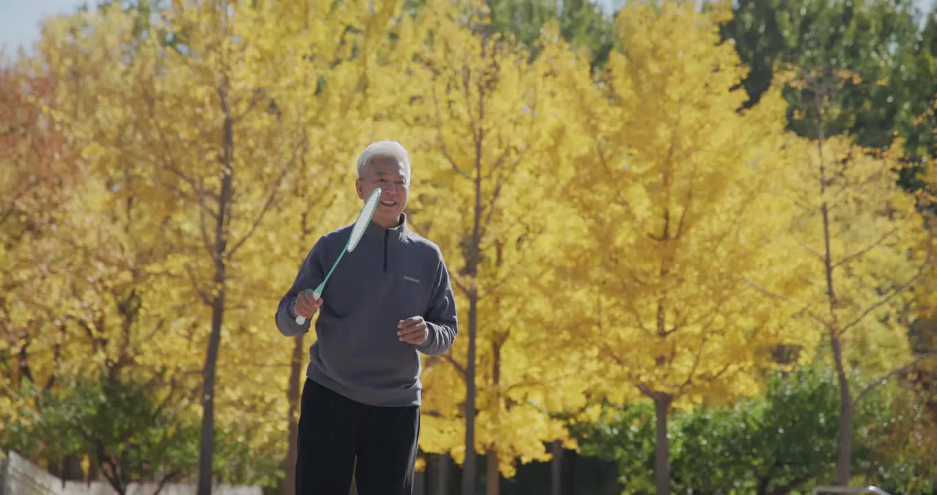 幸福的老年夫妇在公园里打羽毛球视频素材