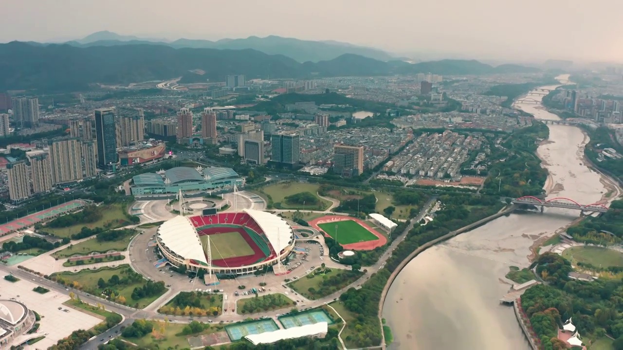 浙江义乌市体育场城市地标风光大景鸟瞰航拍合集视频素材