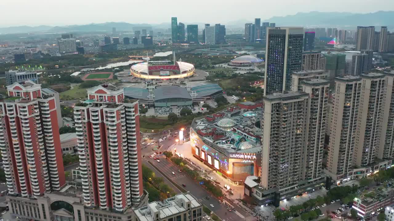 浙江义乌市体育场夜景风光航拍合集视频素材