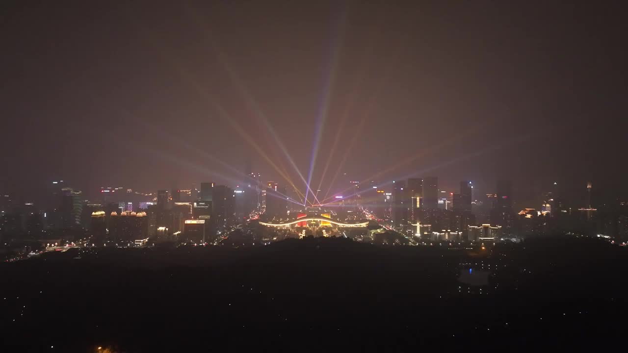 广东省深圳市福田区CBD市民中心灯光秀夜景航拍视频素材