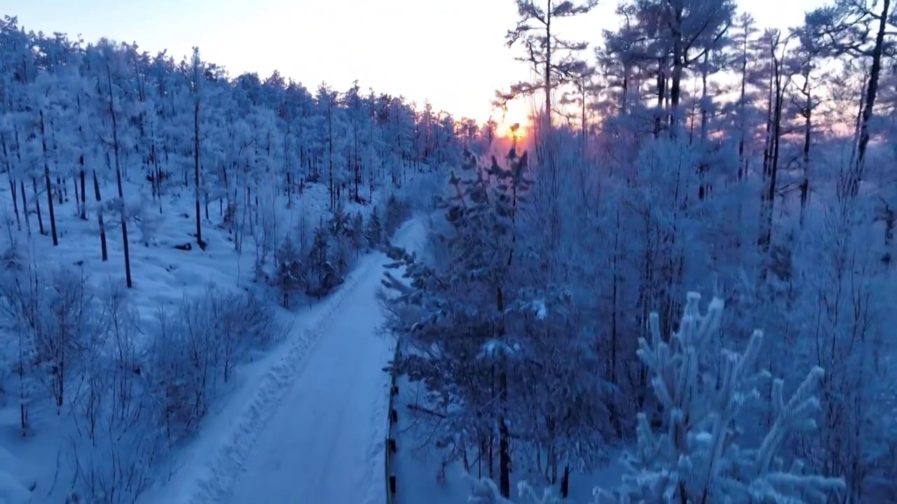 航拍暮色中的大兴安岭雪色山林视频素材