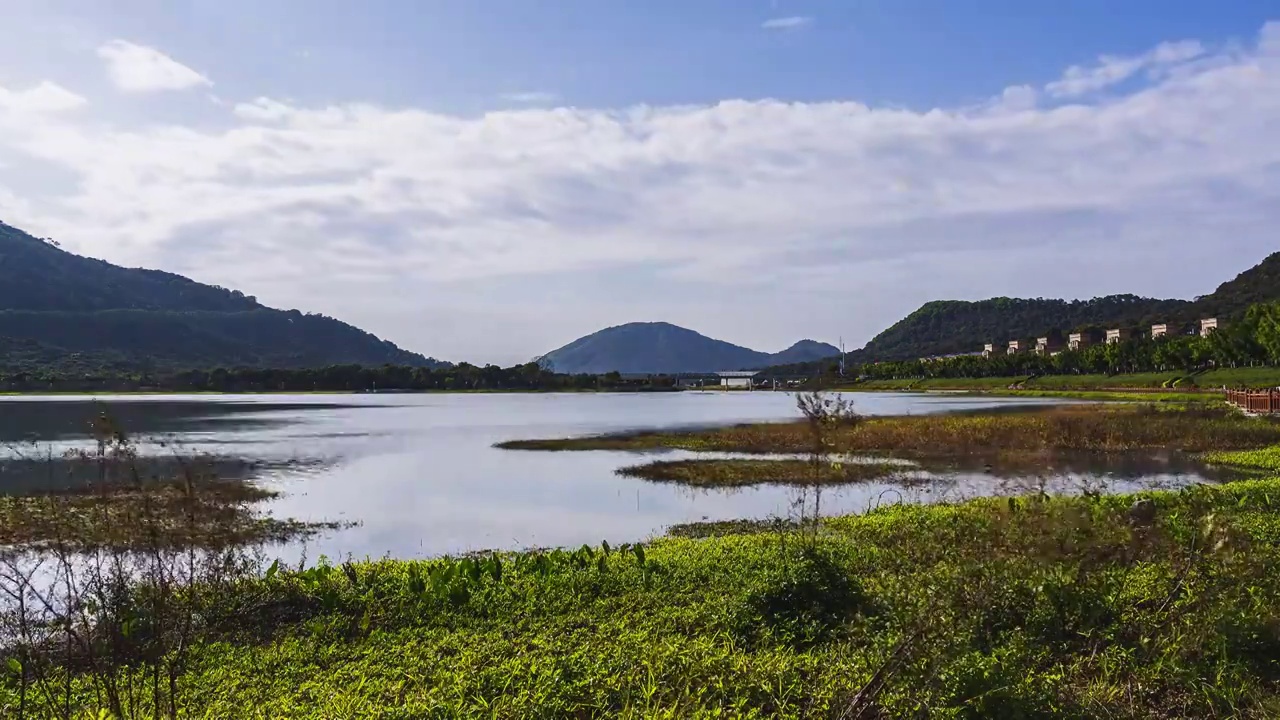 蓝天白云湖边草地延时摄影视频素材