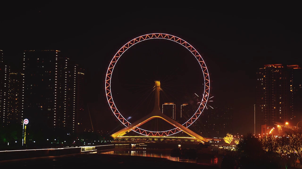 天津之眼夜景烟花著名旅游景点网红打卡地摩天轮分手轮都市风景地标灯光秀河面摩天大楼红桥区海河畔永乐桥视频素材