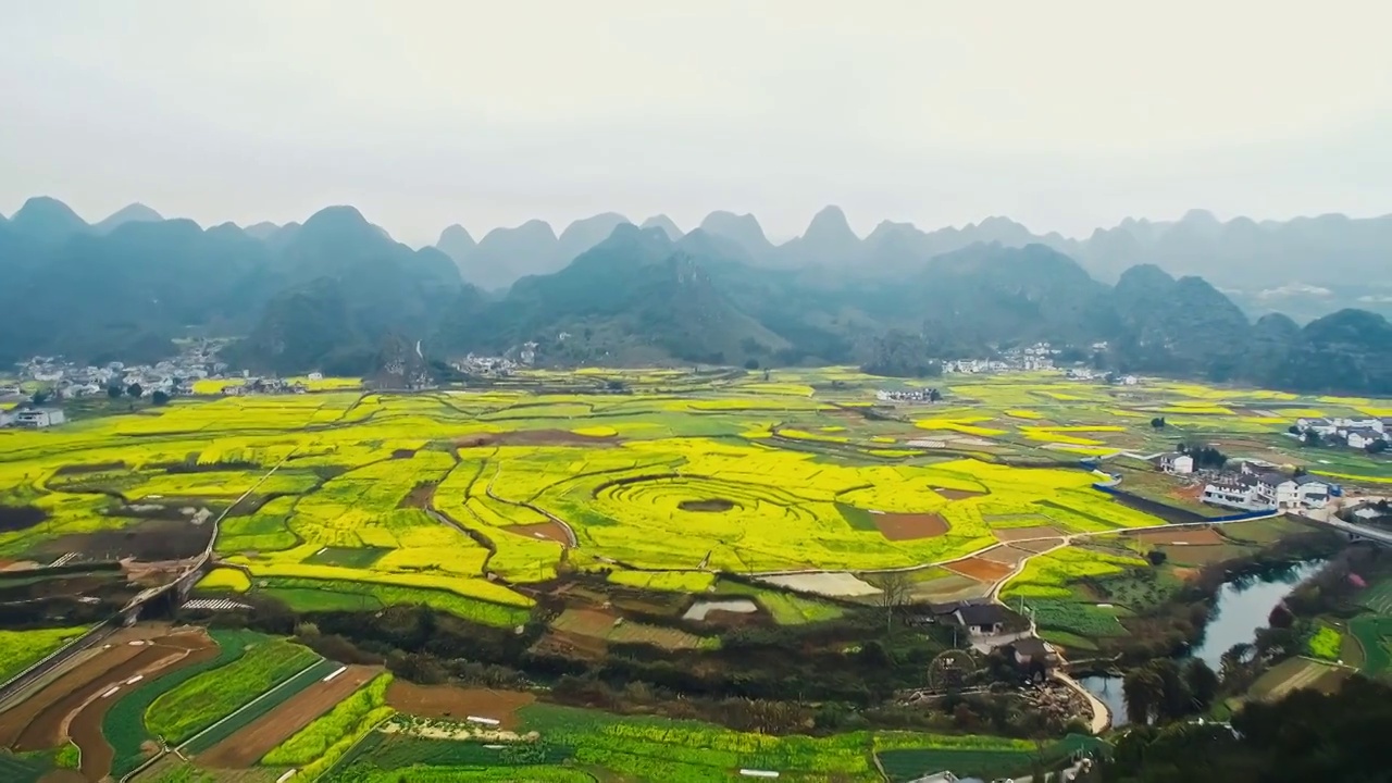 春季航拍贵州黔西南兴义万峰林与八卦田油菜花海视频素材