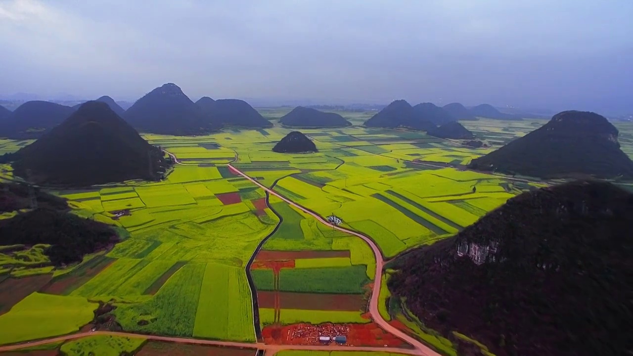 航拍春季云南曲靖罗平金鸡峰丛油菜花海视频素材