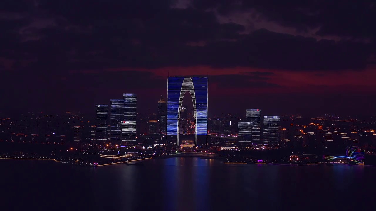 航拍苏州金鸡湖城市风光夜景视频素材