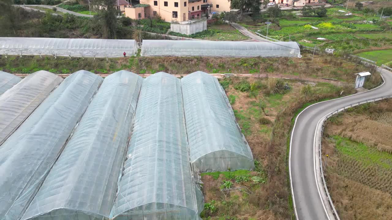 航拍重庆：重庆沙坪坝三河村村庄与草莓温室大棚种植视频素材