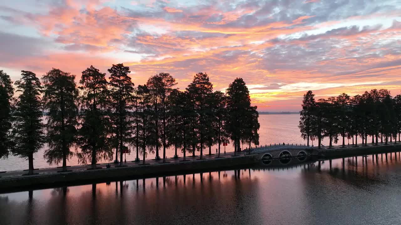 航拍湖北省武汉市东湖生态旅游风景区日出视频素材