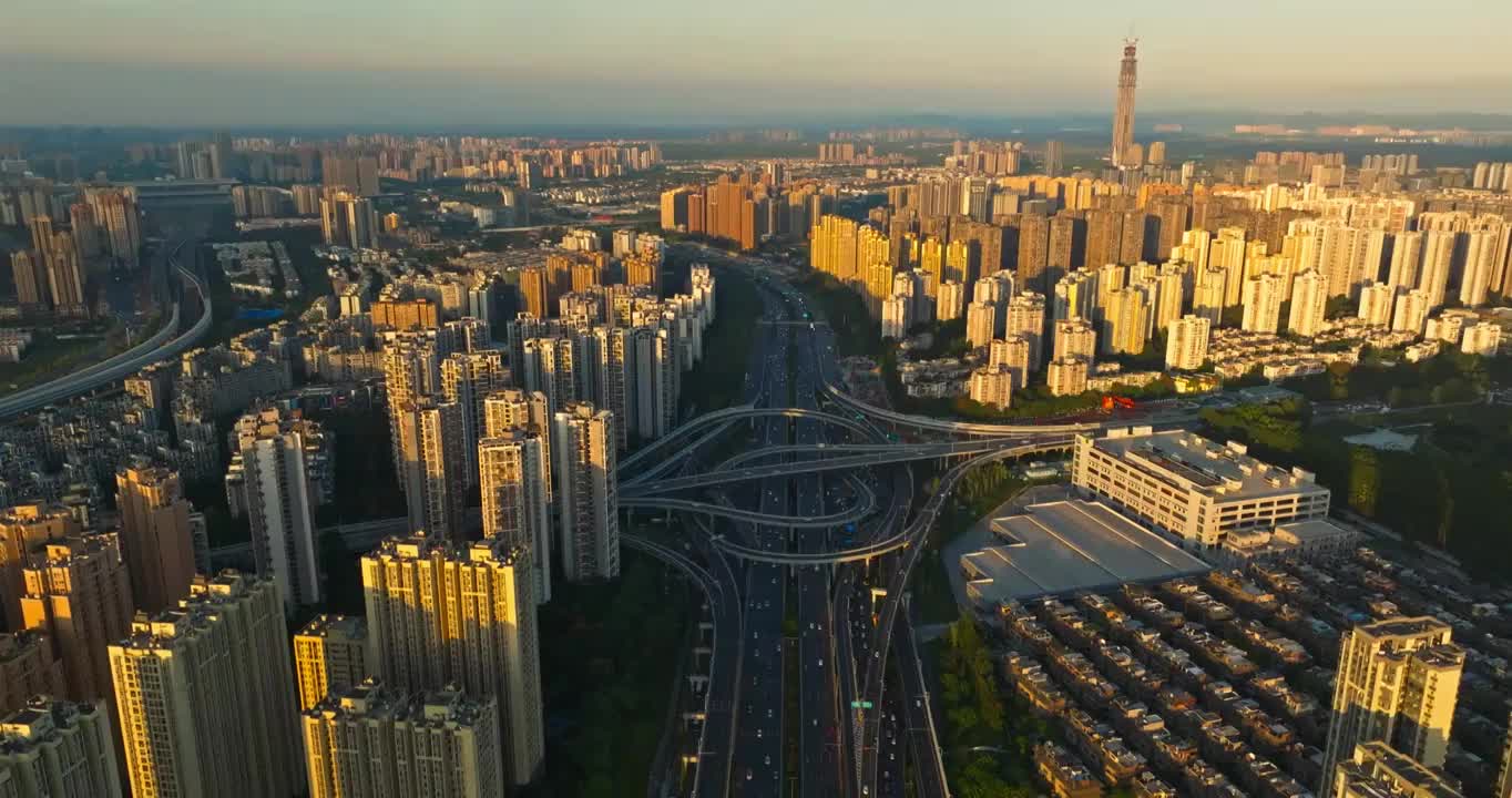 航拍夕阳成都城市景观全景三环路风景视频素材