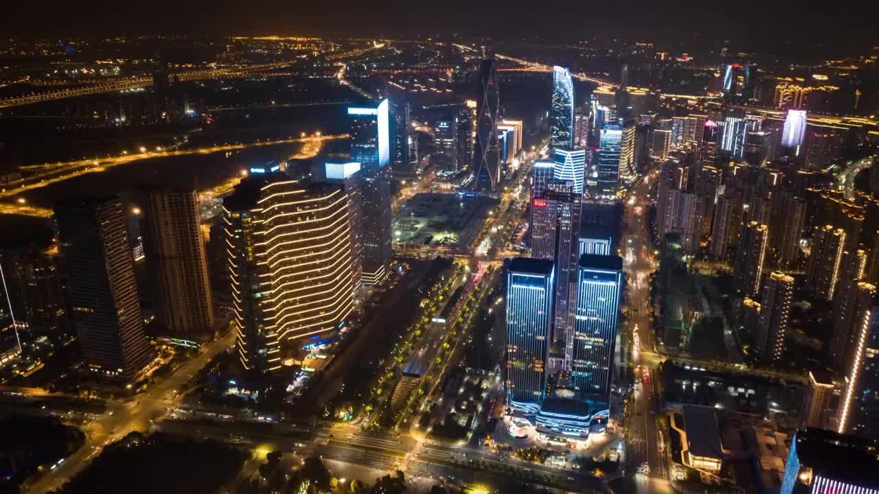 杭州萧山钱江世纪城城市天际线夜景航拍延时视频素材