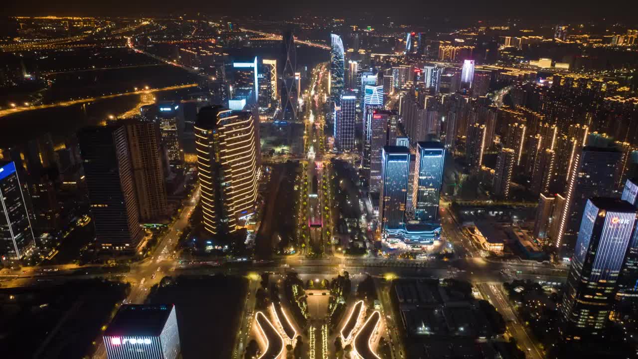 杭州萧山钱江世纪城城市天际线夜景航拍延时视频素材