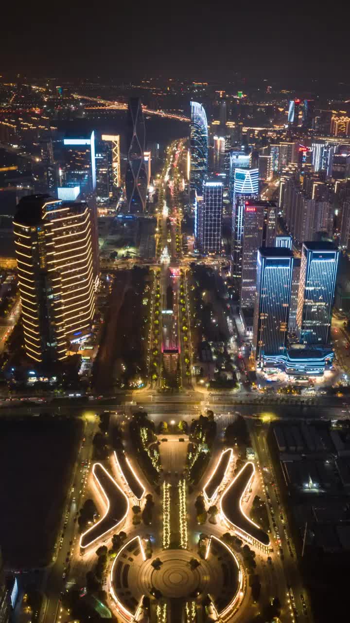 杭州萧山钱江世纪城城市天际线夜景航拍延时视频素材