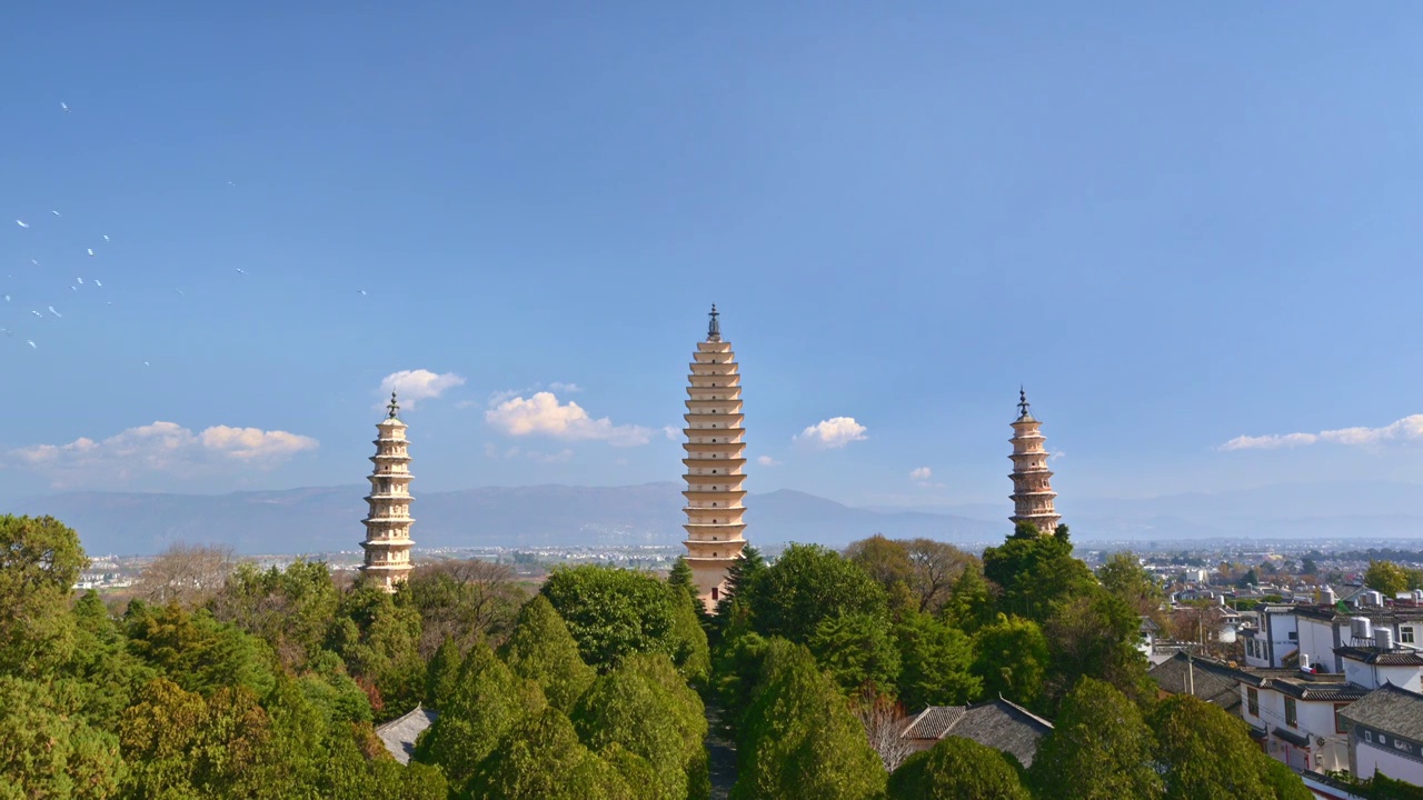 云南大理崇圣寺三塔和鸽子飞鸟白昼晴天实时视频素材