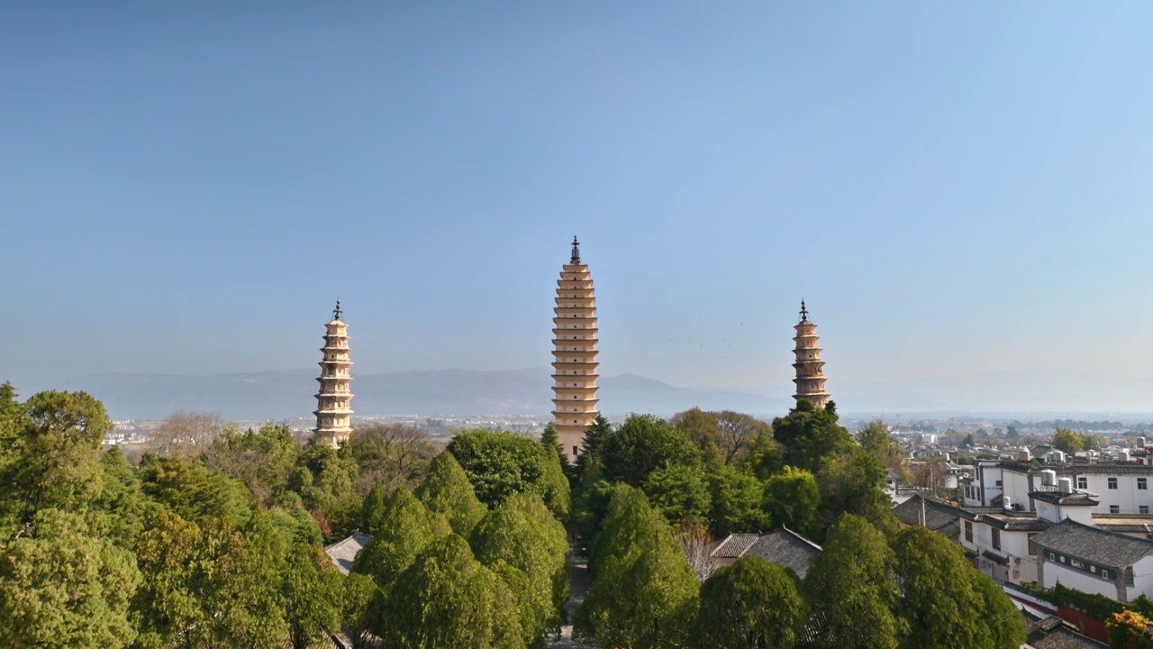 云南大理崇圣寺三塔和鸽子飞鸟白昼晴天实时视频素材