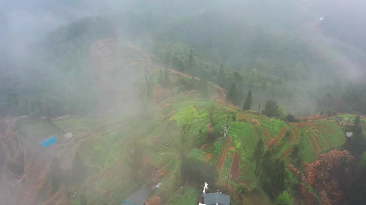 航拍黄山高山乡村春天景色视频素材