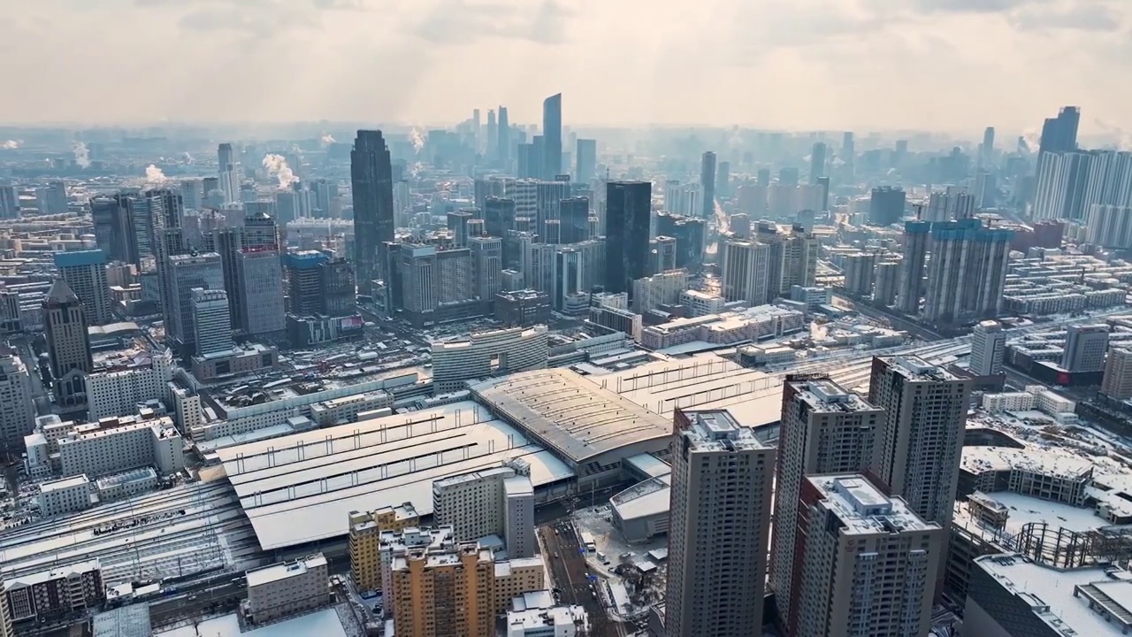 辽宁沈阳北站冬季雪景航拍视频素材