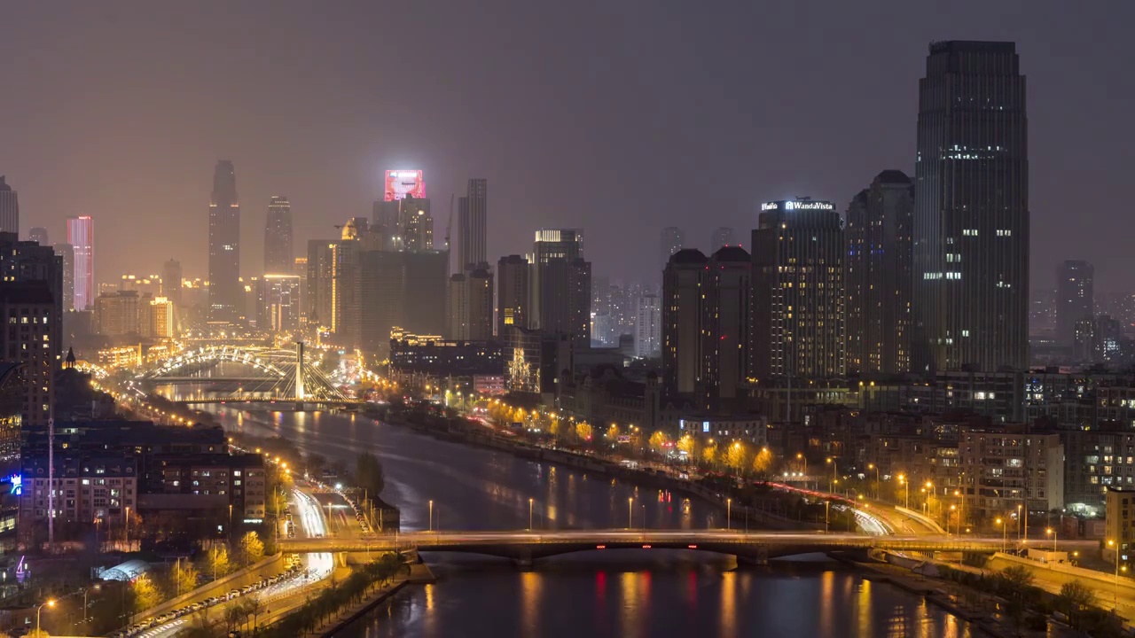 天津海河建筑CBD道路交通车流夜景城市风光延时摄影视频素材