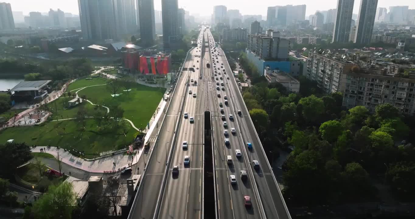 航拍成都二环路高架桥车辆行驶现代都市景观视频素材