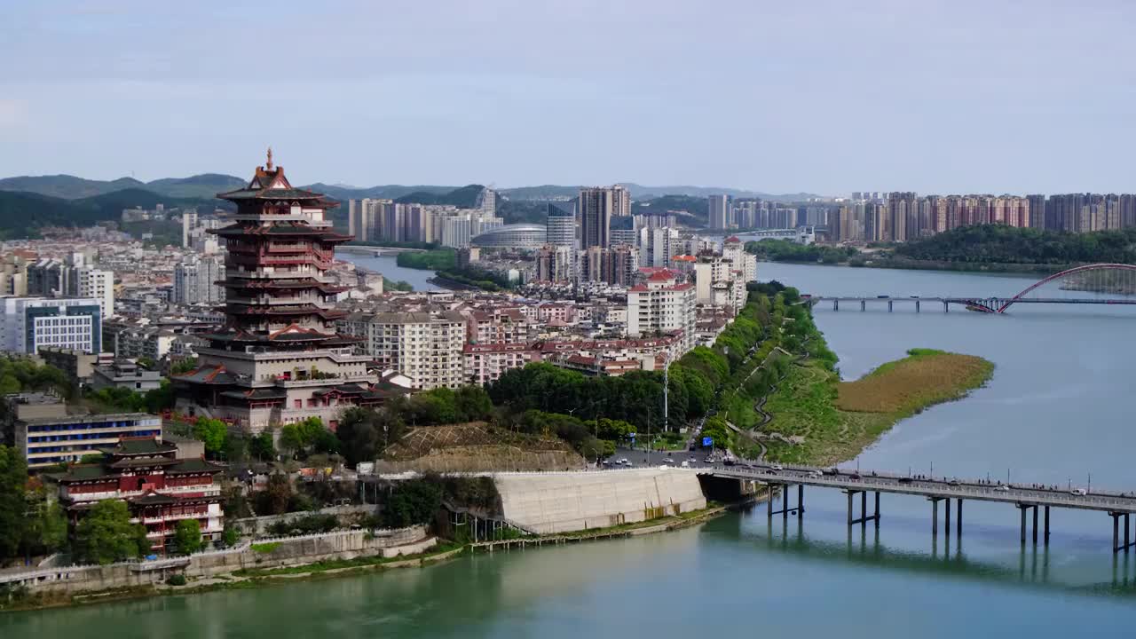 四川省绵阳市城市地标越王楼，风景，视频素材