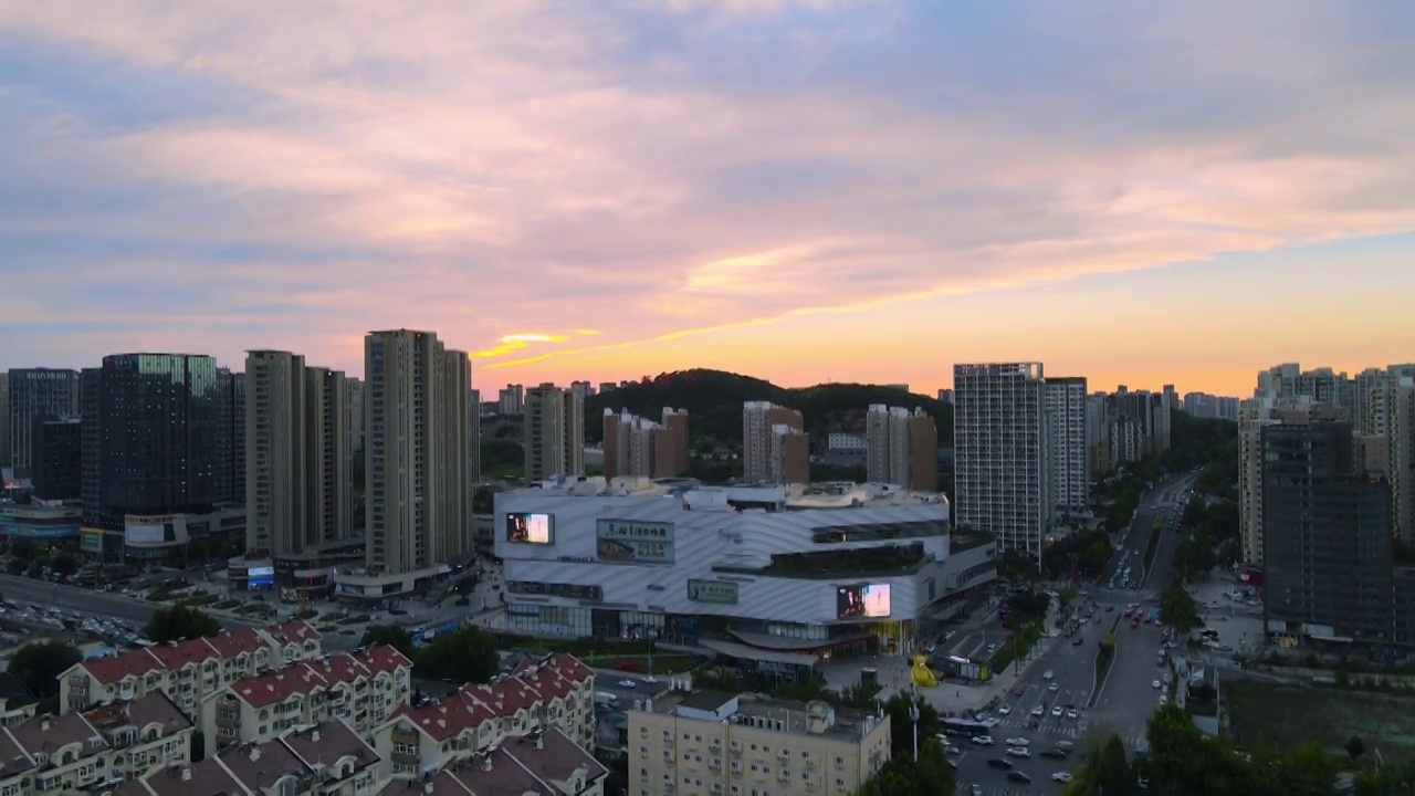 航拍青岛新都心夕阳晚霞视频素材