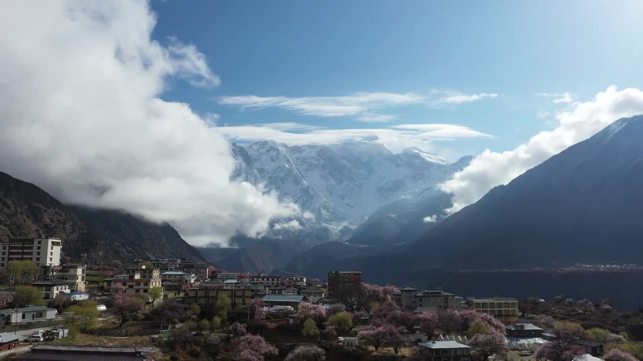 索松村桃花与南迦巴瓦峰航拍视频素材