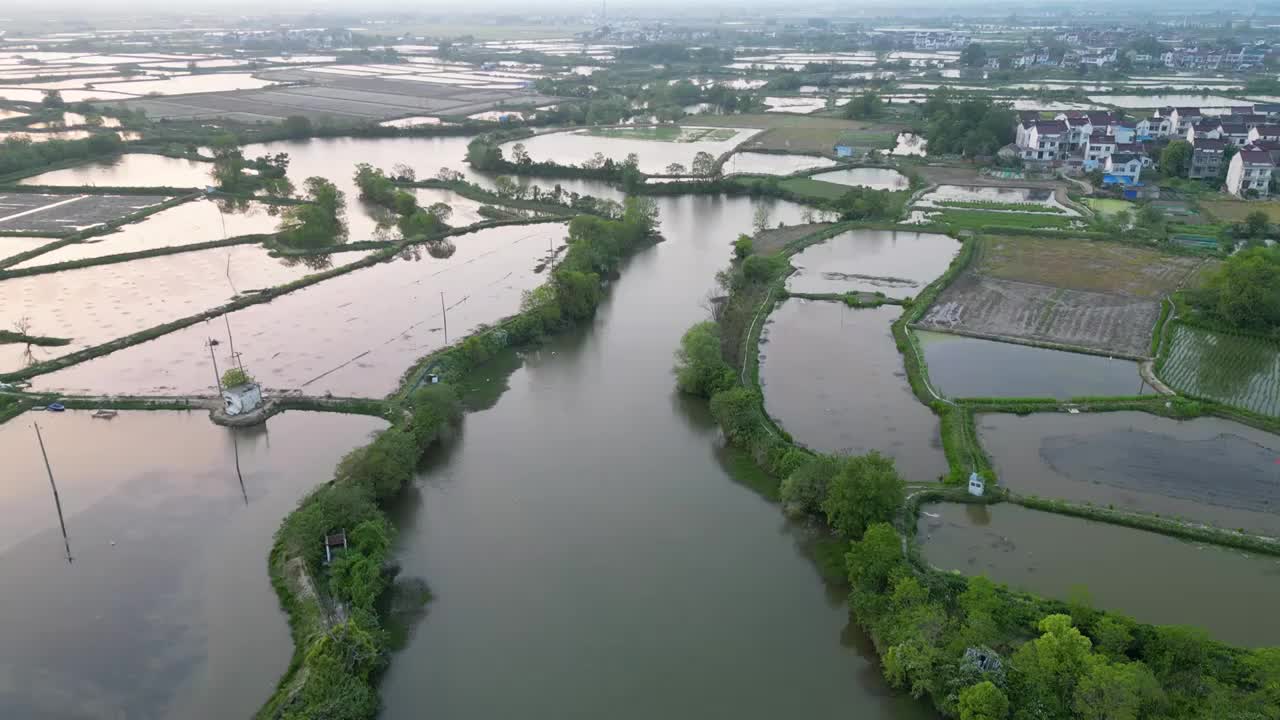 航拍傍晚田园湿地风光视频素材