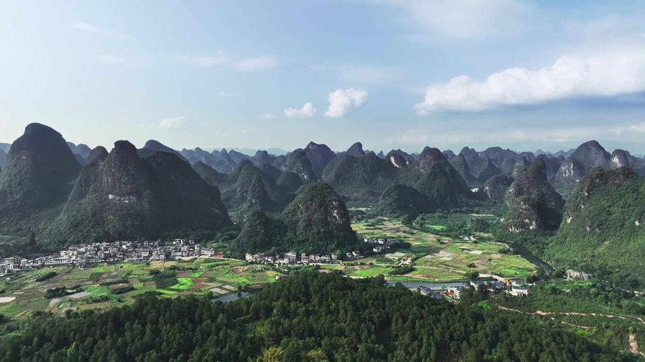 春天蓝天白云阳光下阳朔喀斯特地貌山谷中遇龙河两岸的田园风光视频素材