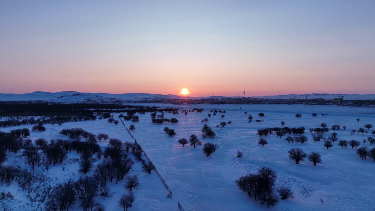 航拍内蒙古亚洲第一湿地黎明雪景视频素材