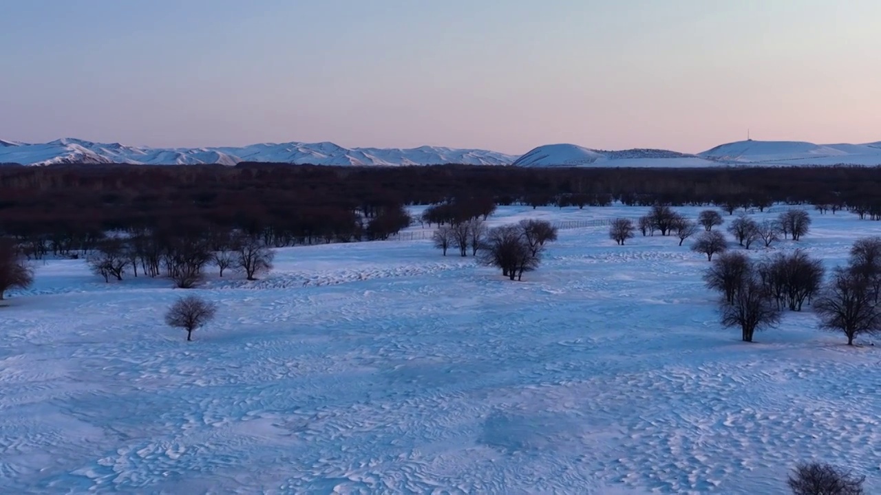 航拍内蒙古亚洲第一湿地黎明雪景视频素材