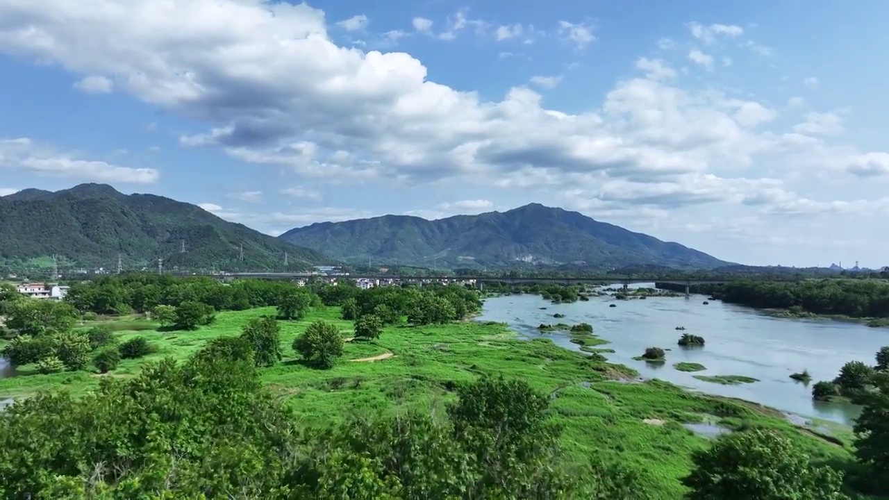 春天阳光下漓江岸边的树和草地及远处驶过的高速列车视频素材