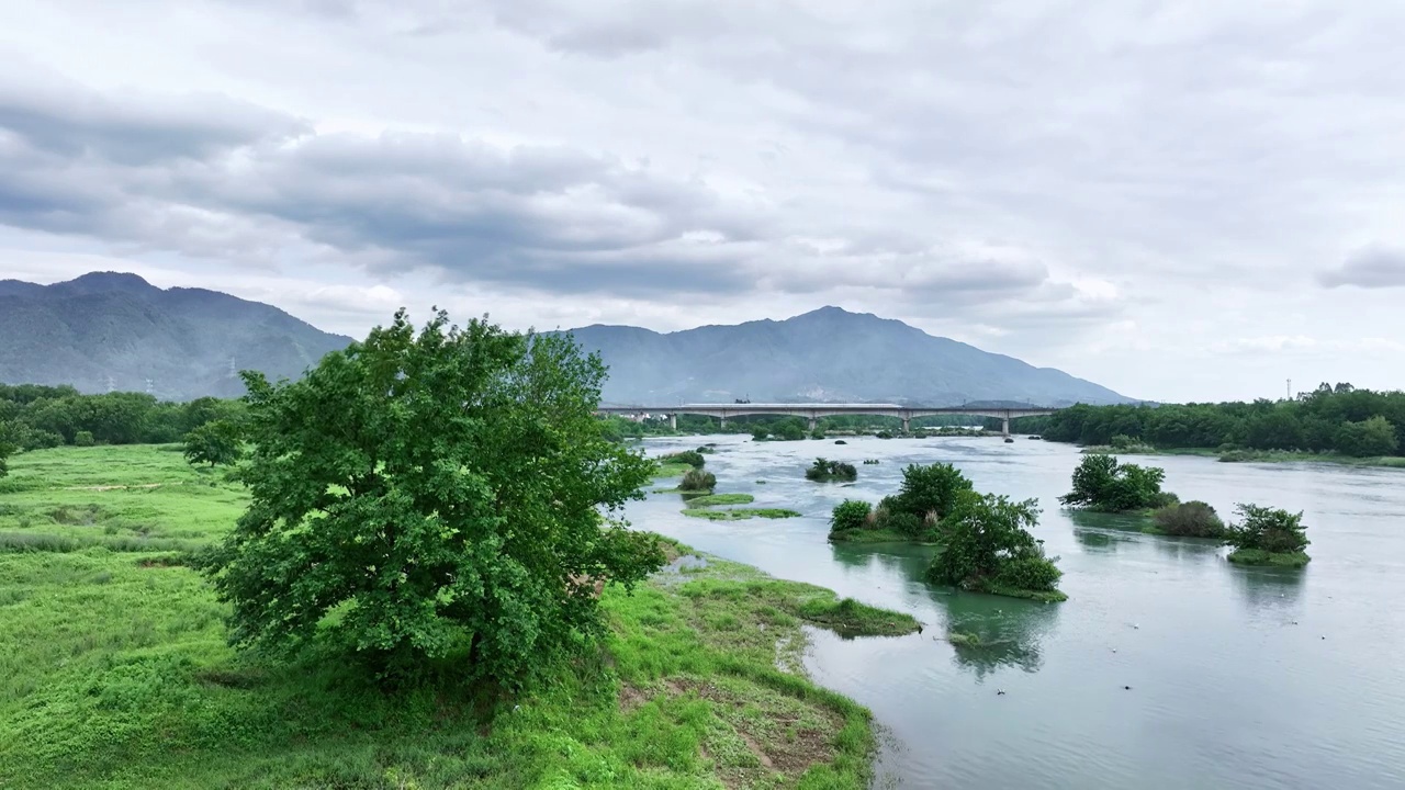 春天阳光下漓江岸边的树和草地及远处驶过的高速列车视频素材