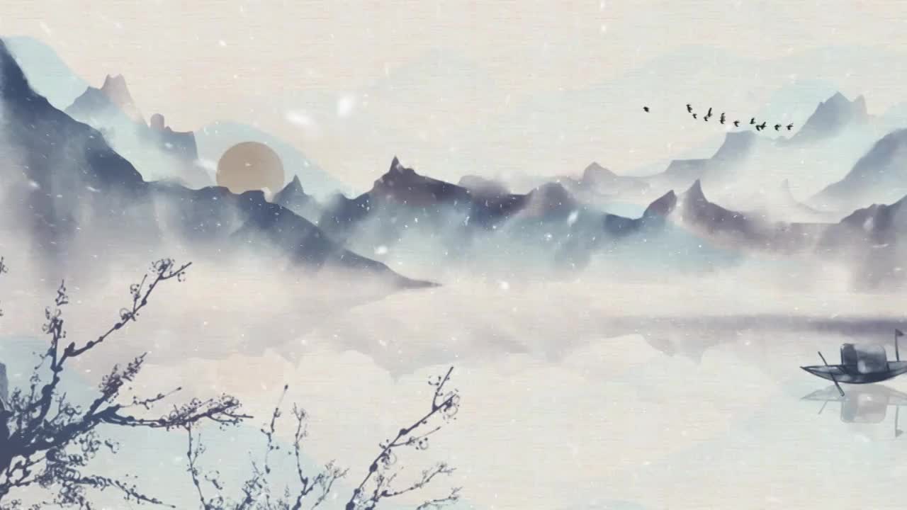 中国风水墨冬季雪景飘雪山水动画视频视频素材