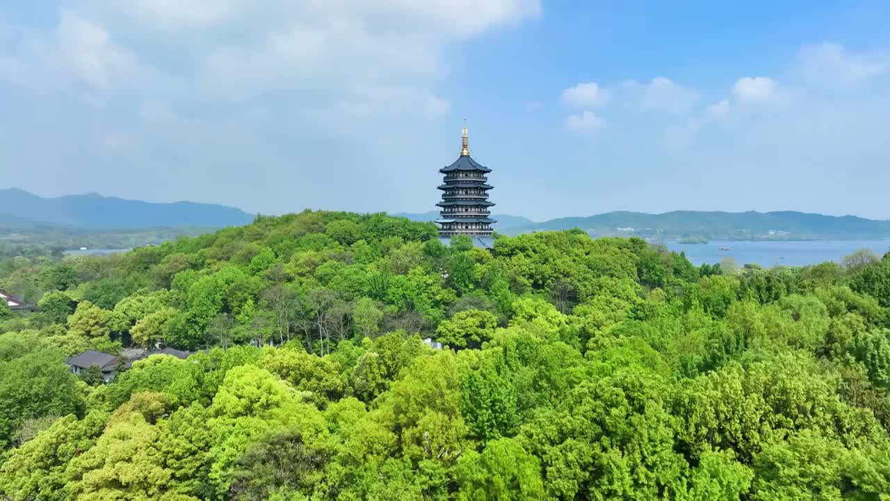 航拍春天晴朗天气的杭州西湖雷峰塔景区风景视频素材