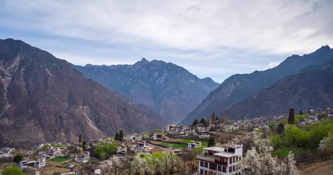 中路藏寨梨花早上延时视频素材