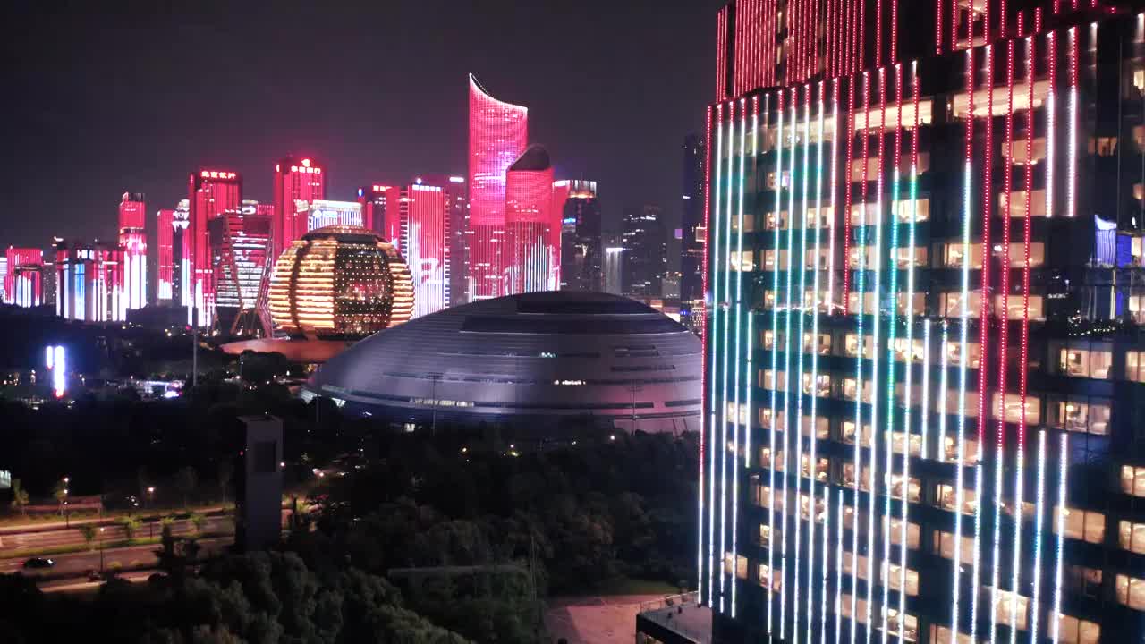 杭州钱江新城灯光秀夜景航拍视频素材