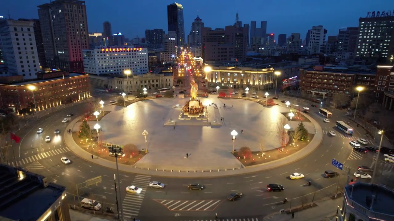 沈阳中山广场城市高楼交通航拍夜景风光视频素材