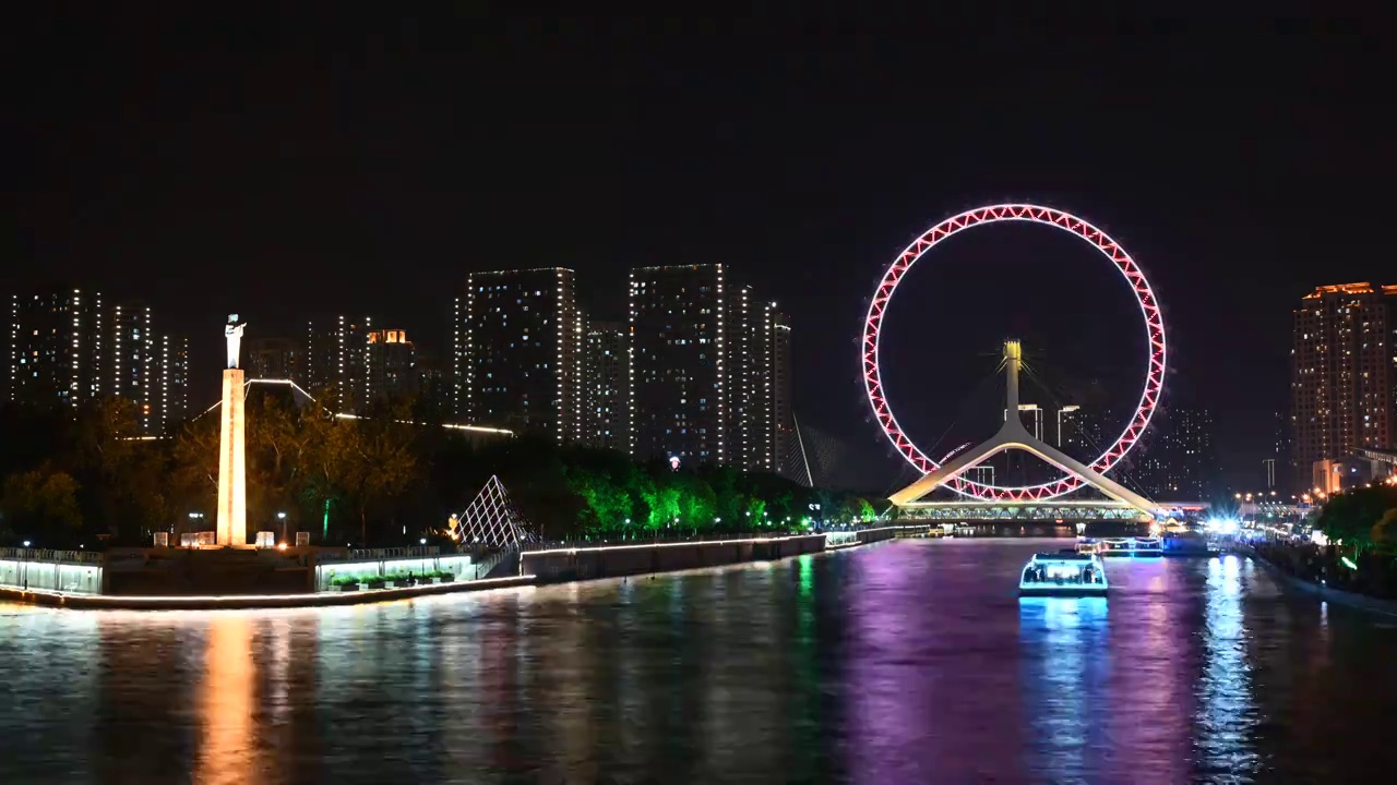 夜晚延时拍摄天津之眼沿岸视频素材