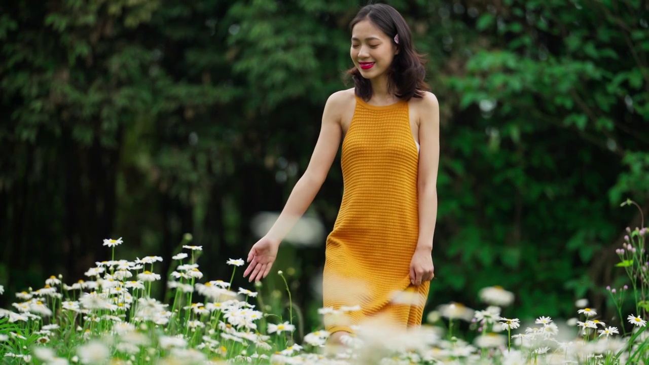 穿黄短裙身材苗条美女走鲜花草地的婀娜身姿视频素材