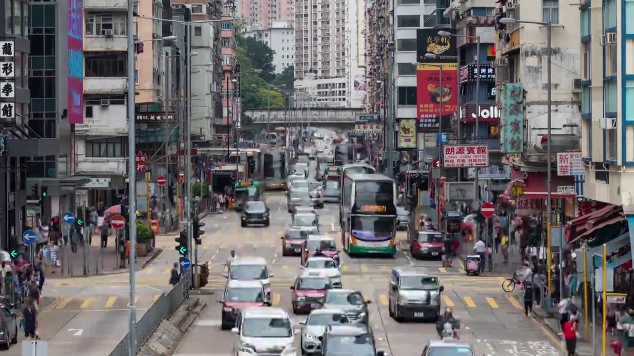 香港旺角街道人流车流延时视频下载