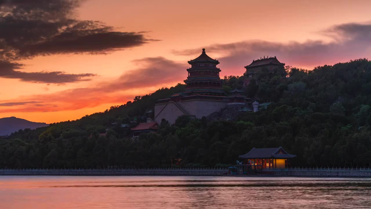 夏天北京颐和园佛香阁夕阳晚霞延时视频素材