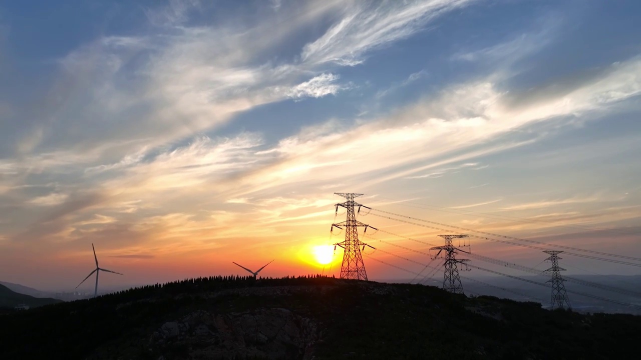 高压电线电力电业电电塔天空晚霞落日视频素材