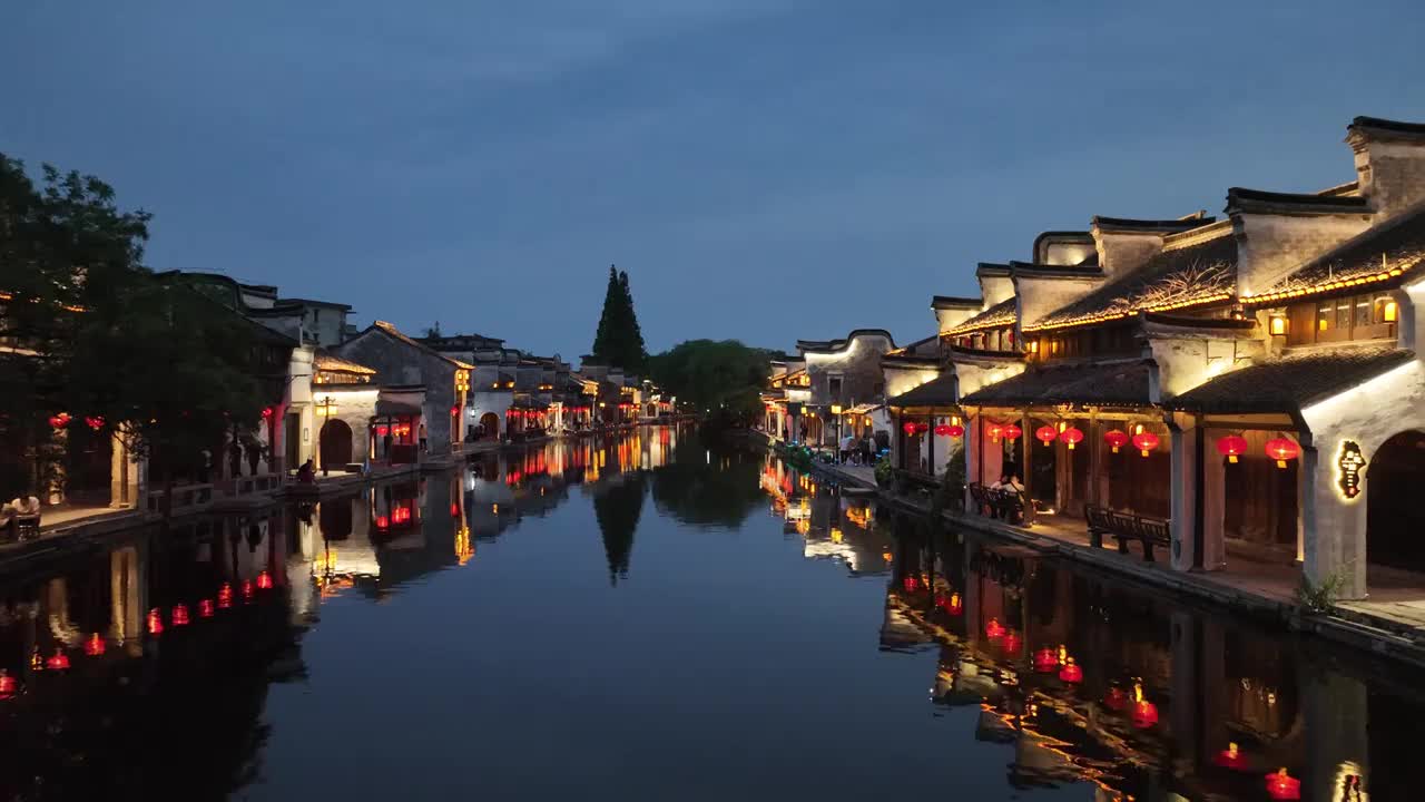 浙江湖州南浔古镇水乡夜景航拍视频素材