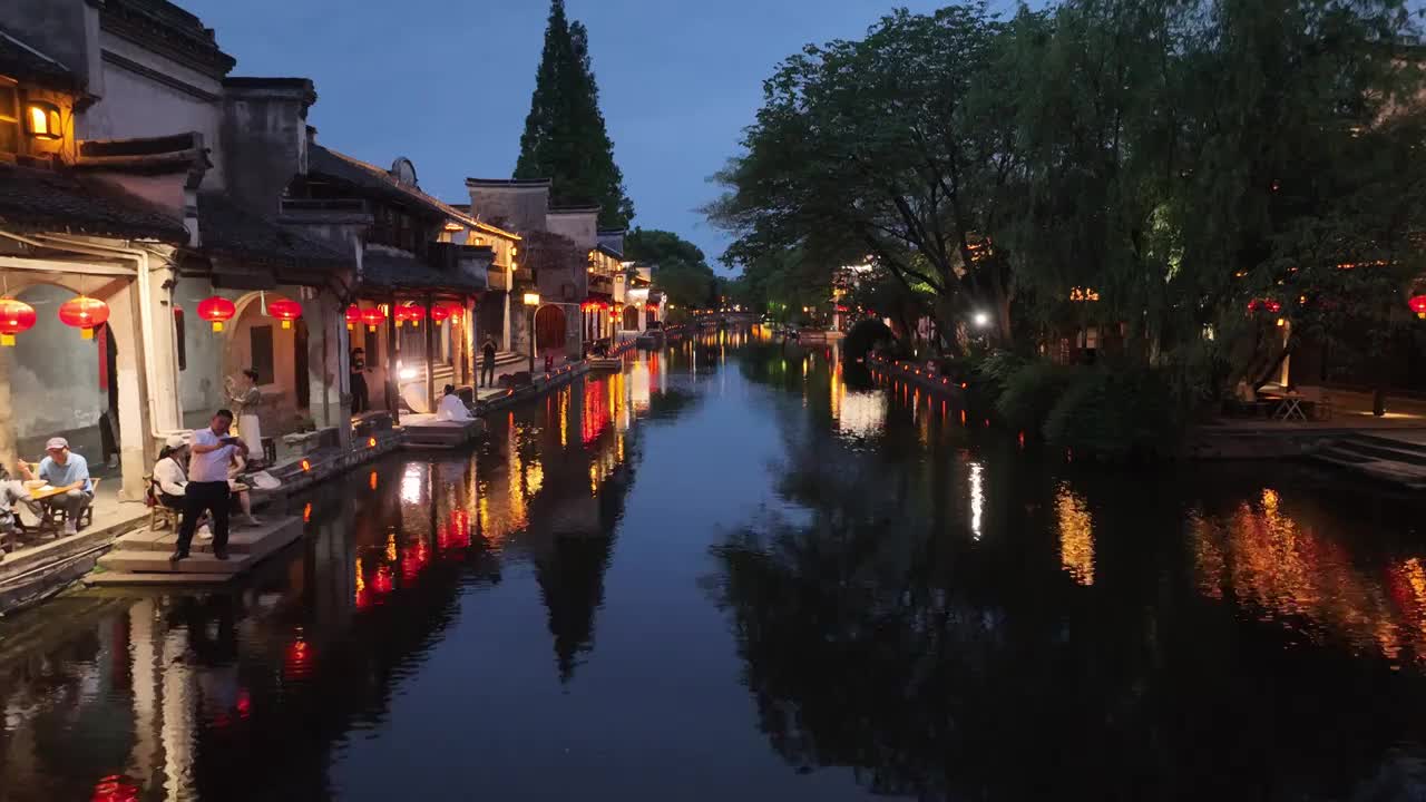 浙江湖州南浔古镇水乡夜景航拍视频素材