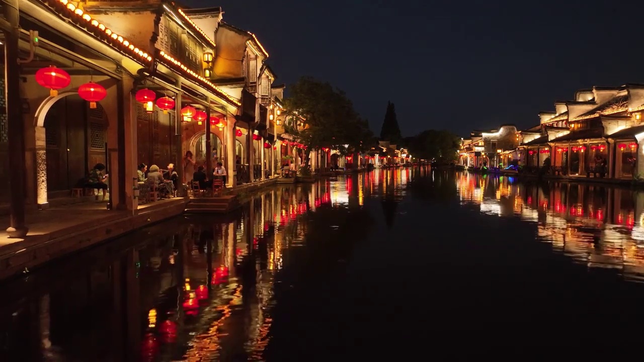 浙江湖州南浔古镇水乡夜景航拍视频素材