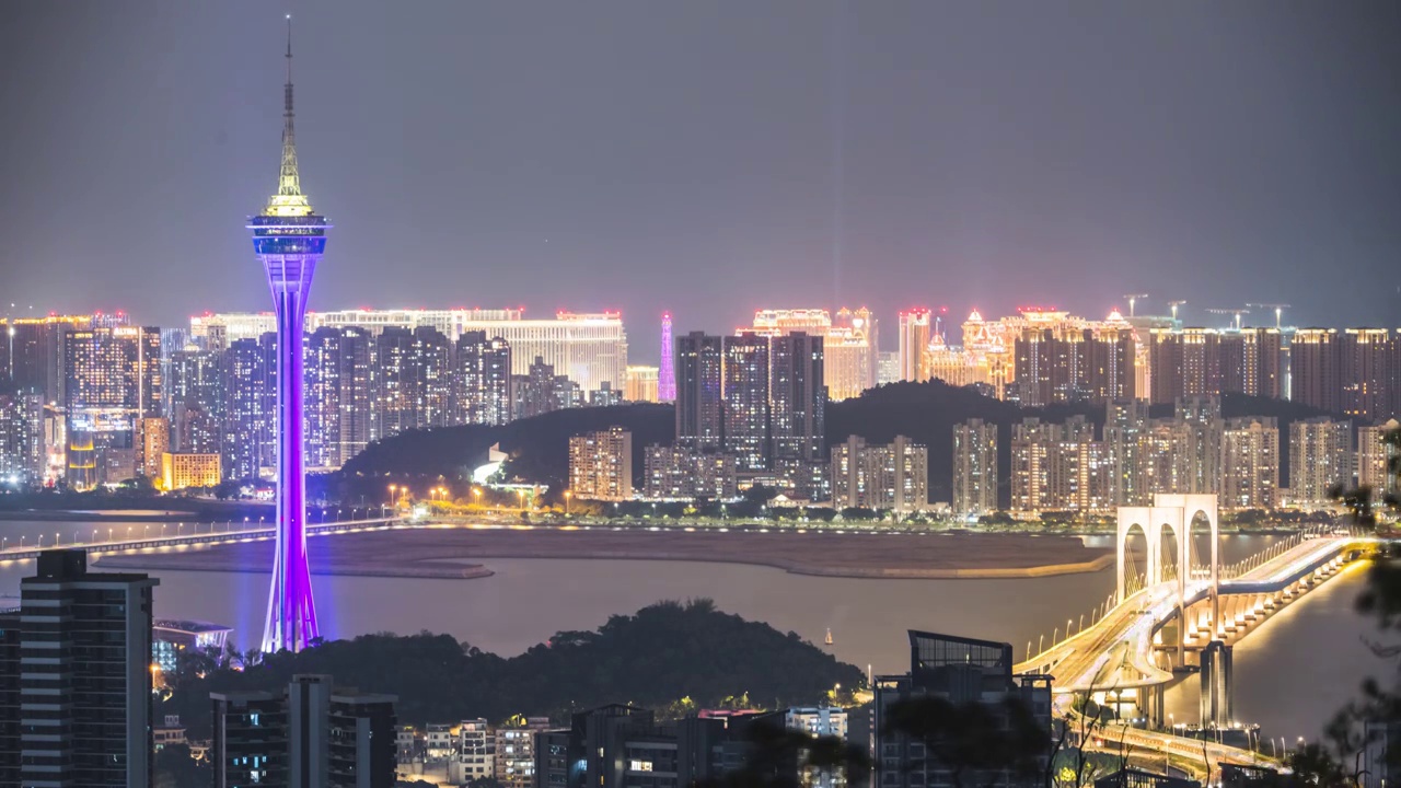 8K30P澳门电视塔天际线夜景延时视频视频素材