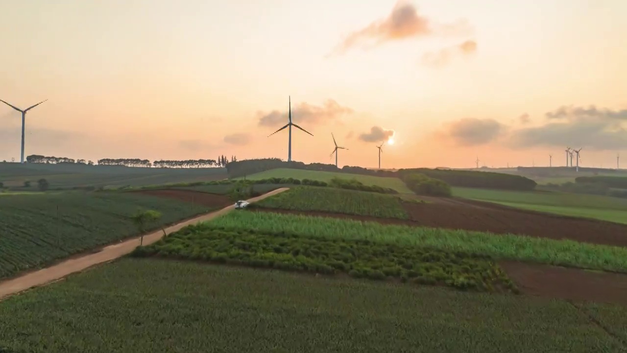 湛江徐闻县菠萝的海日落风车航拍景观视频素材