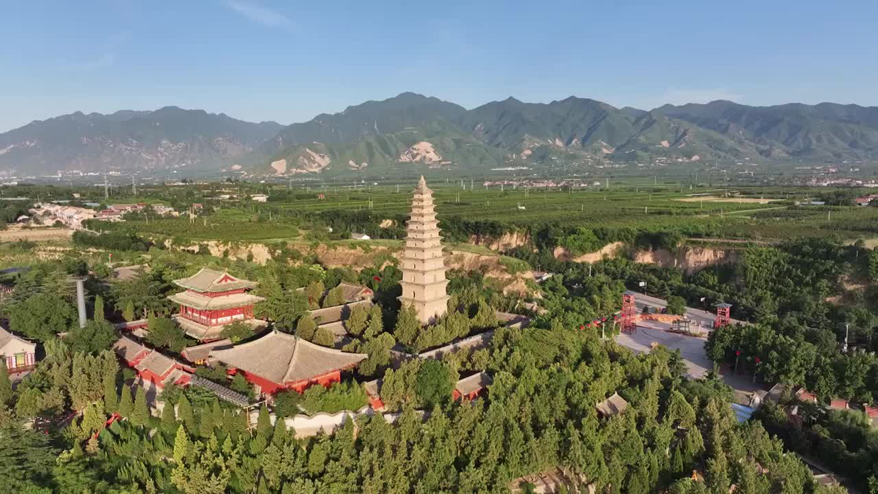 山西省运城市永济市（普救寺）莺莺塔夏季航拍视频素材