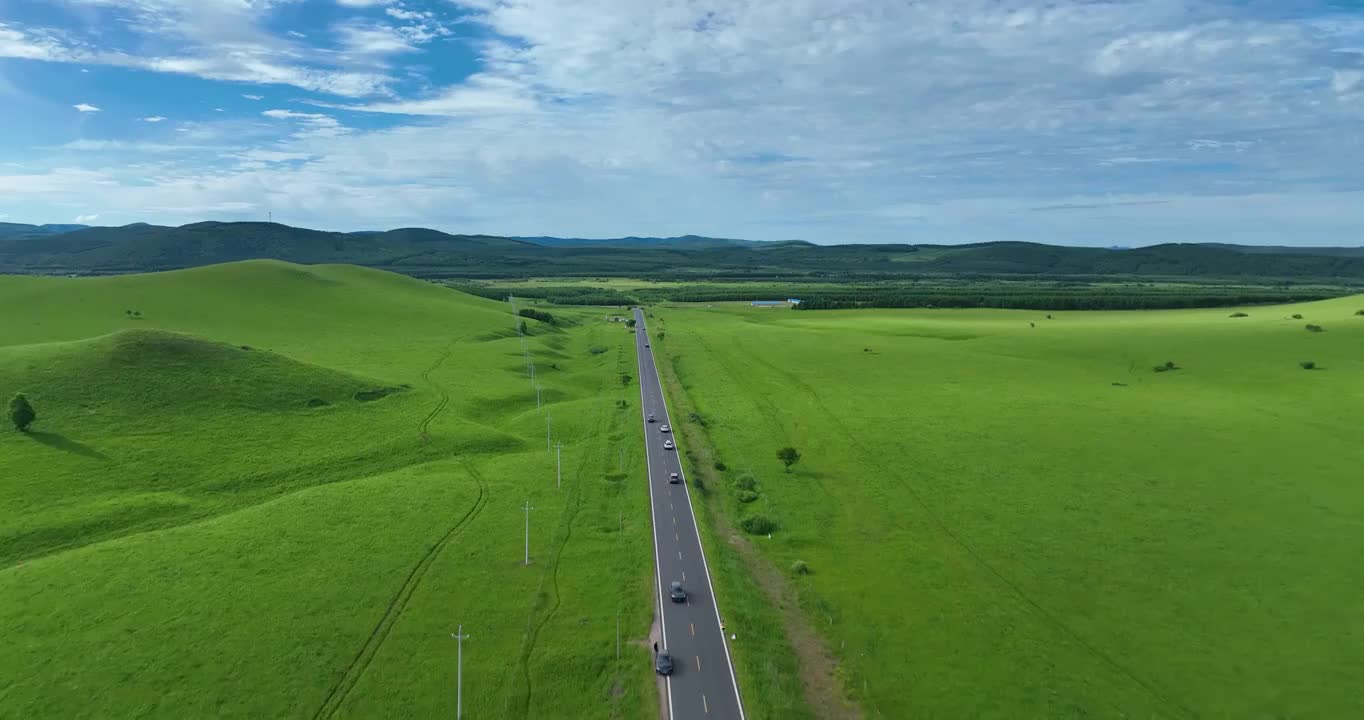 航拍空中鸟瞰夏天草原上的公路视频素材